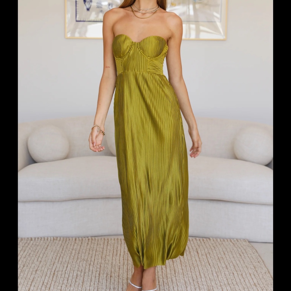 Hello Molly Olive Green Strapless Midi Dress